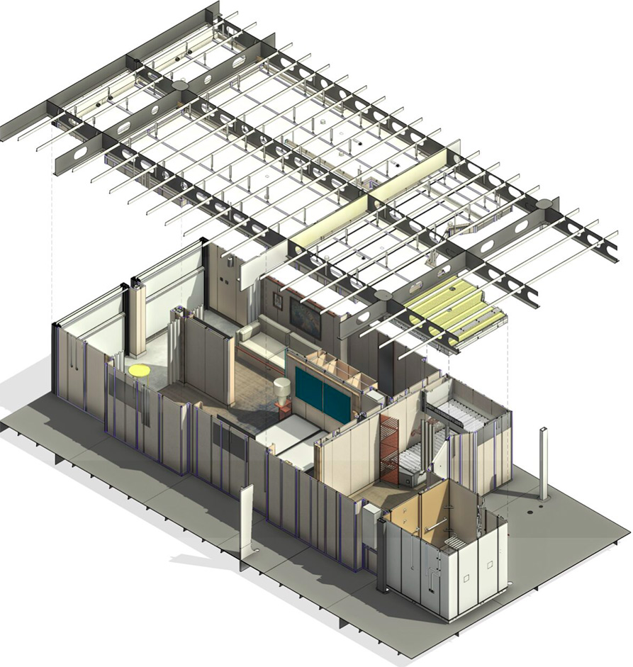 3d model of a cruise cabin including wet unit, living area and bedroom area