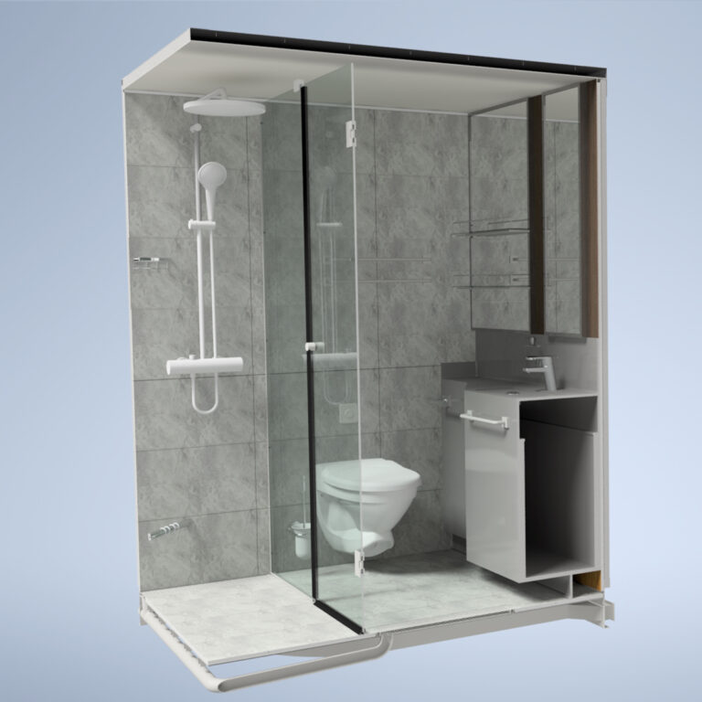 Prefabricated wet unit module for cruise ship pictured from front